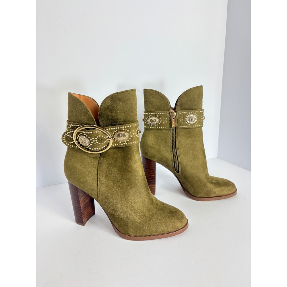 Jessica Simpson Olive Green Gold Buckle 4" Heel Ankle Boots Size 7.5 Western